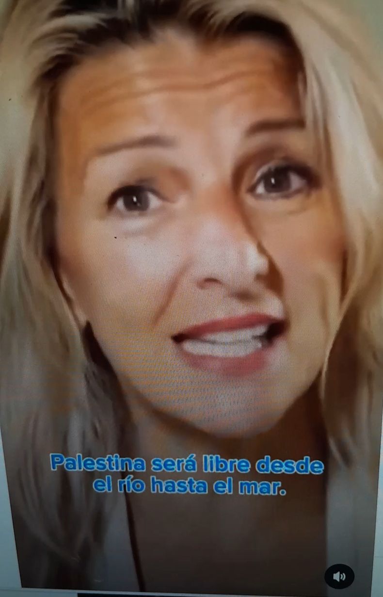 Captura de pantalla del video que publicó la vicepresidente 2° de España, Yolanda Diaz, cerrando su discurso con un slogan de Hamas