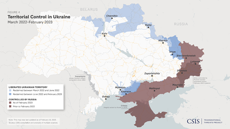 Evolución del territorio ocupado por Rusia vs. territorio liberado por Ucrania (marzo 2022 - febrero 2023)