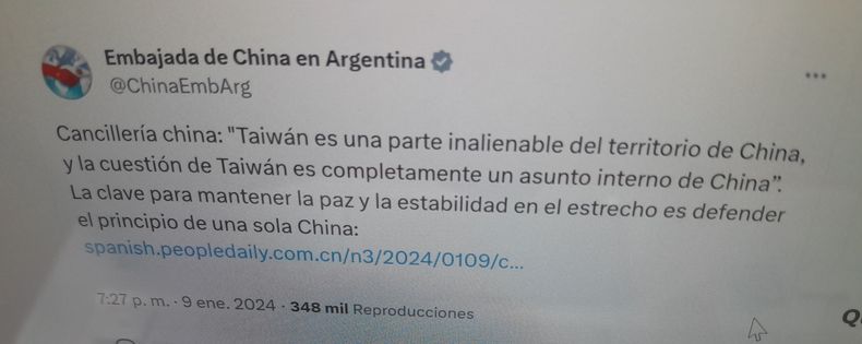 Twitter de la embajada china en Argentina sentando postura sobre Taiwan